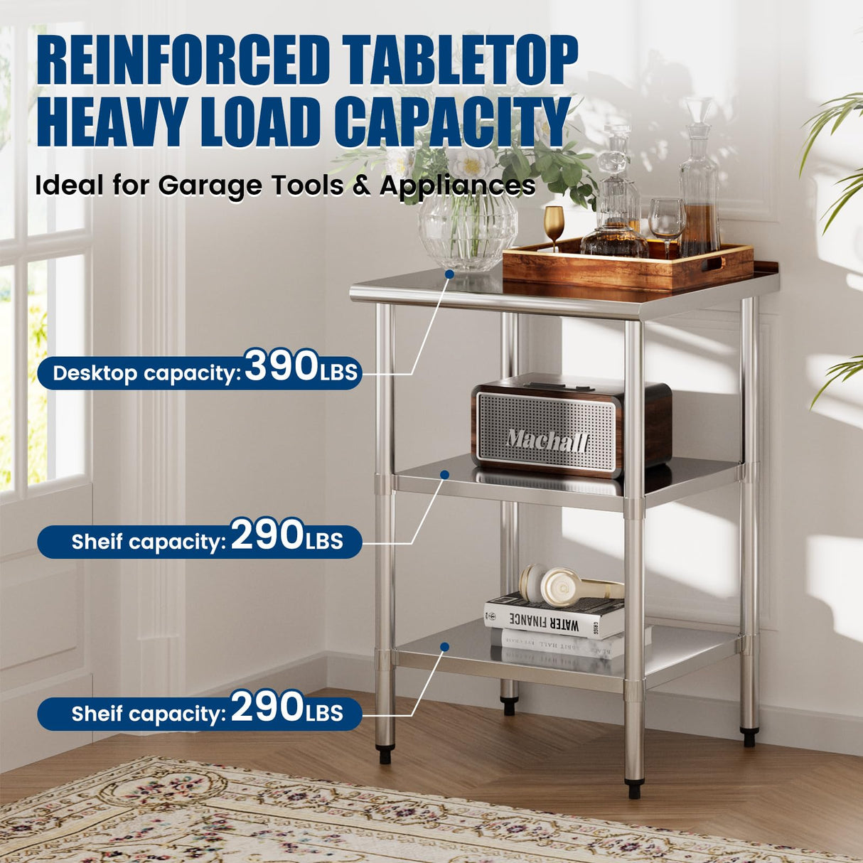 Chingoo Stainless Steel Work Table 24x24 Inch with 2 Adjustable Undershelves & Backsplash, Heavy-Duty Prep Table for Commercial Kitchen, Restaurant, Garage, Outdoor
