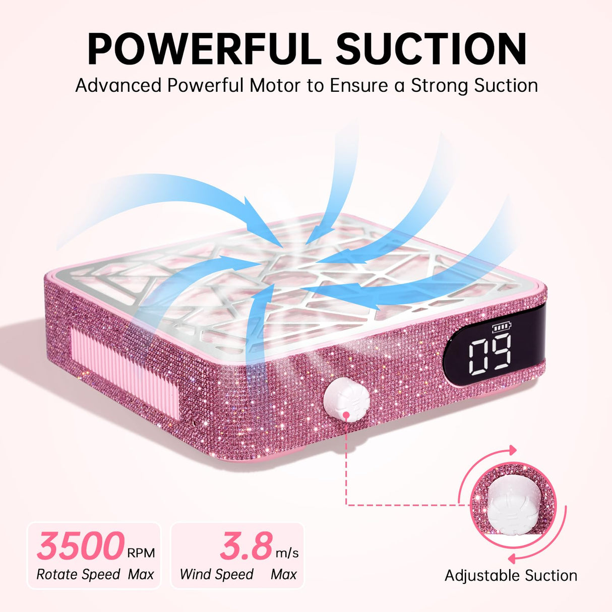 CHRISTINE SHELLY Nail Dust Collector, Powerful Vacuum Fan Vent Dust Collector Extractor Dust Suction Machine for Acrylic Nails Polishing, Nail Salon, Pink Diamond