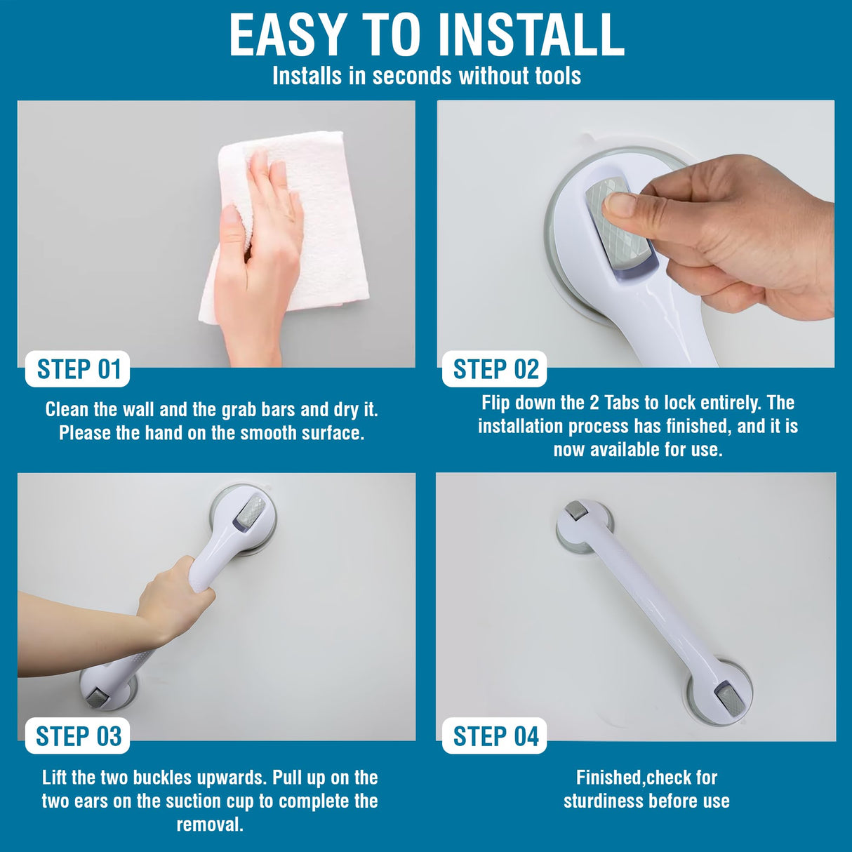 Grab Bars for Bathtubs and Showers, Heavy Duty Shower Handle 2 Pack 16 Inch Suction Cup, Removable Bar Bath Handrails for Seniors and Elderly Handicap, Bathroom Safety Grips No Drilling Waterproof