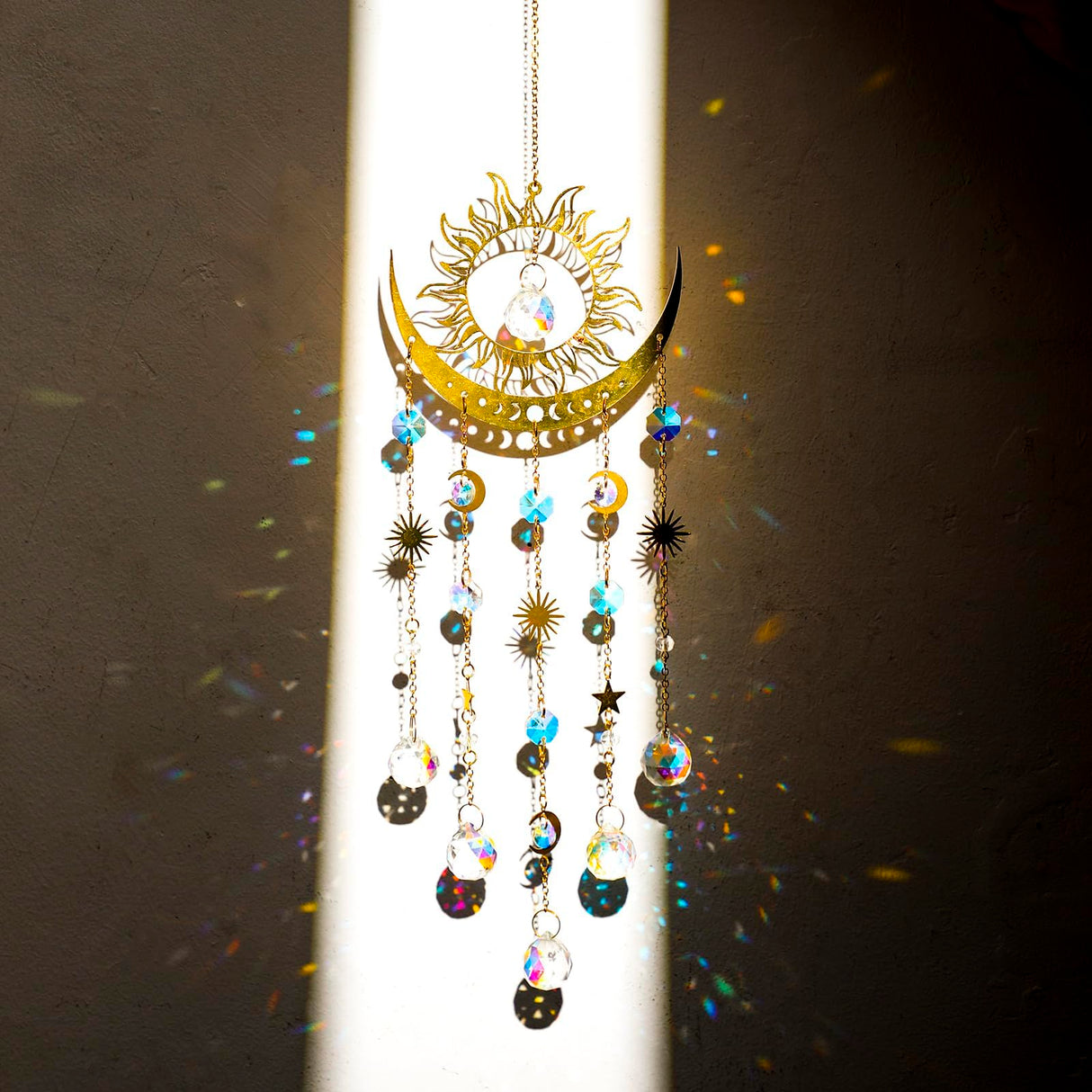 Artilady Sun and Moon Suncatcher - Large Crystal Wind Chimes for Outside Stained Glass Window Hanging Prisms Garden Backyard Ceiling Room Decor Christmas Housewarming Birthday Gift for Girls