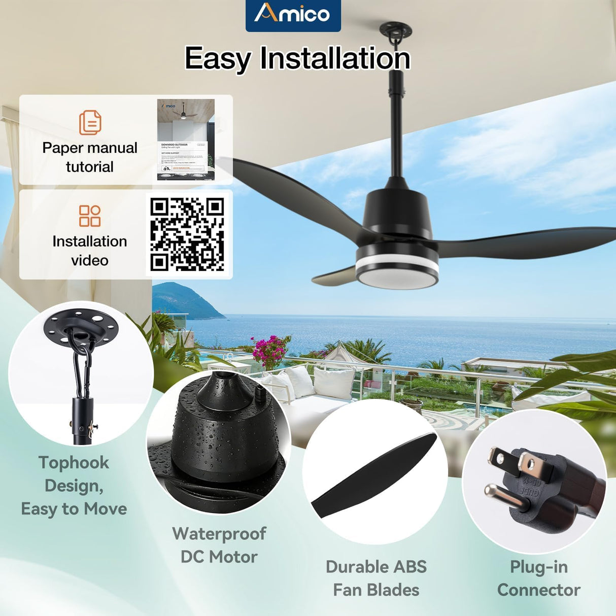 Amico 42 Inch Outdoor Ceiling Fans with Lights for Patios, IP65 Waterproof Gazebo Fan Remote Control, 3000-6000K, 6 Speeds, Hook Hanging Plug in Ceiling Fan for Patio Porch Pergola Garage Canopy