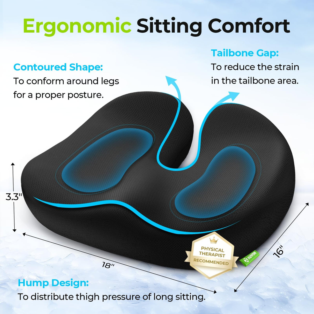 AUVON Multi-Layer Gel Cushion for Ideal Support & Softness, Cooling Memory Foam Cushion for Hemorrhoid, Sciatica & Tailbone Pain Relief, Anti-Slip Back Seat Pillow, FSA HSA Eligible