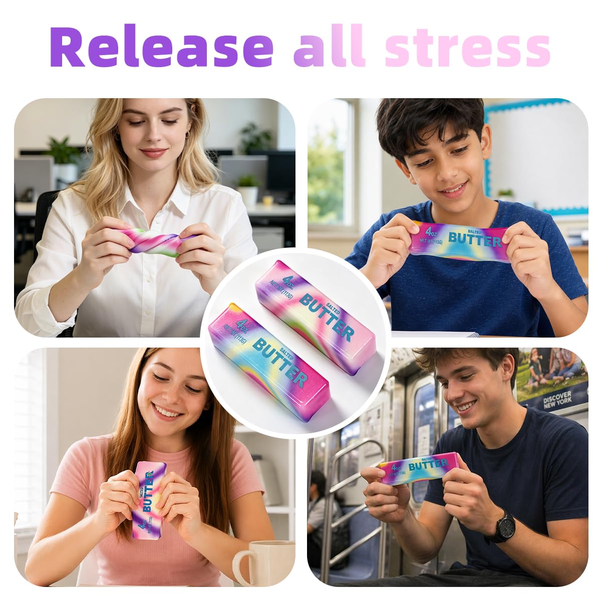 2 Pcs Rainbow Butter Squishy Stick , Super Soft Slow Rising Fidget Squeeze Toy, Colorful Sensory Stress Relief Desk Toy for Home, Office, Travel, Novelty Anxiety Relief Toy for Kids & Adults