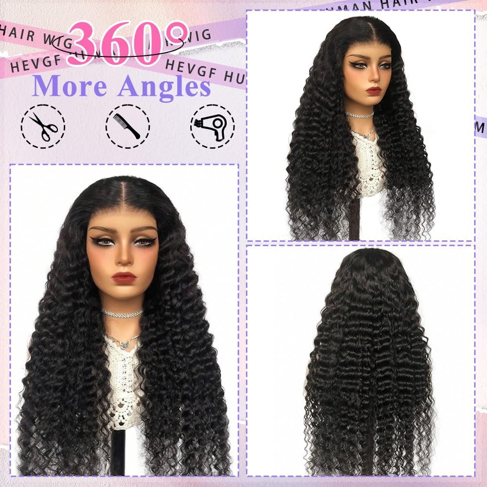 Glueless Curly Wigs Human Hair 7x5 Wear and Go Wig Human Hair Pre Plucked Pre Cut Black Deep Wave Closure Lace Front Wigs Human Hair 12a 220% Density Loose Curly Wig Bleached Knots for Women 28 Inch