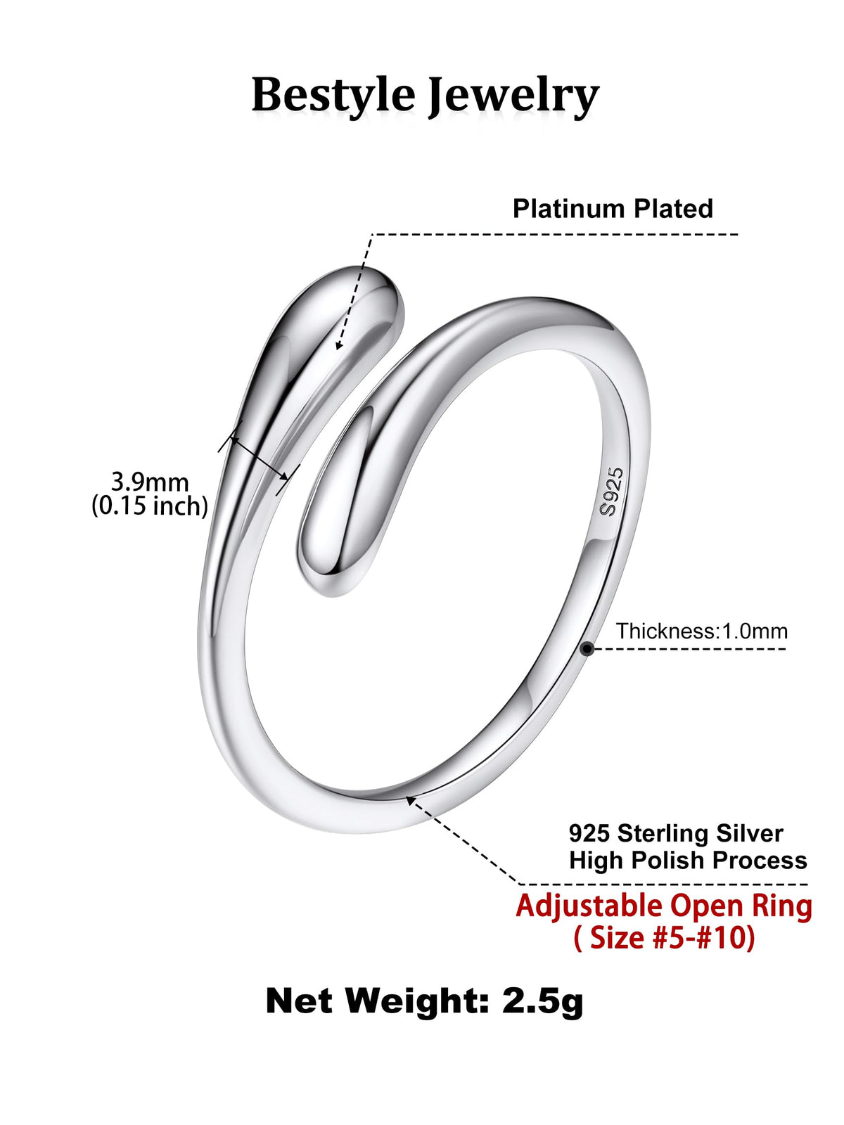 Bestyle Silver Ring for Women - 925 Sterling Silver Finger Wrap Teardrop Rings Minimalist Adjustable Open Rings for Women Simple Women Stacking Band Ring