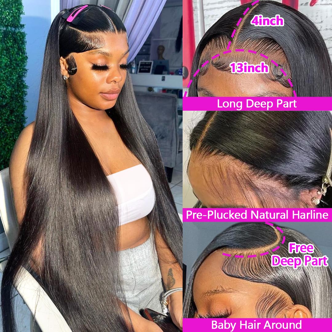 GIVHAP 28 Inch Straight Lace Front Wigs Human Hair Pre-Plucked 180% Density Glueless 13x4 HD Lace Frontal Wigs Human Hair Natural Hairline Brazilian Virgin Hair for Black Women with Baby Hair