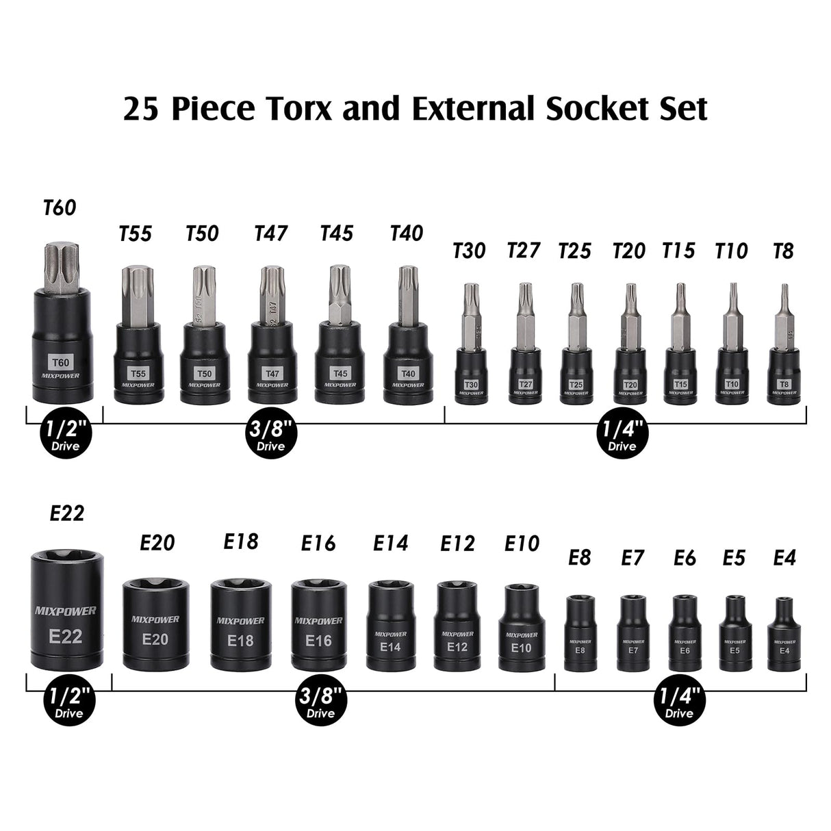 MIXPOWER 25 Piece Torx Bit and Socket Set, 13 Star Bits (T8- T60) & 12 E-Torx Sockets (E4-E22), Professional Grade Auto & Motorcycle Mechanic Set