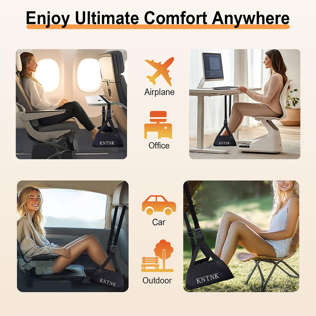 KNTNK Airplane Foot Hammock, Wide Airplane Foot Rest with Bamboo Board Support, Portable Travel Footrest Essentials, Adjustable Foot Hammock for Long Flight, Foldable & Compact for Easy Storage