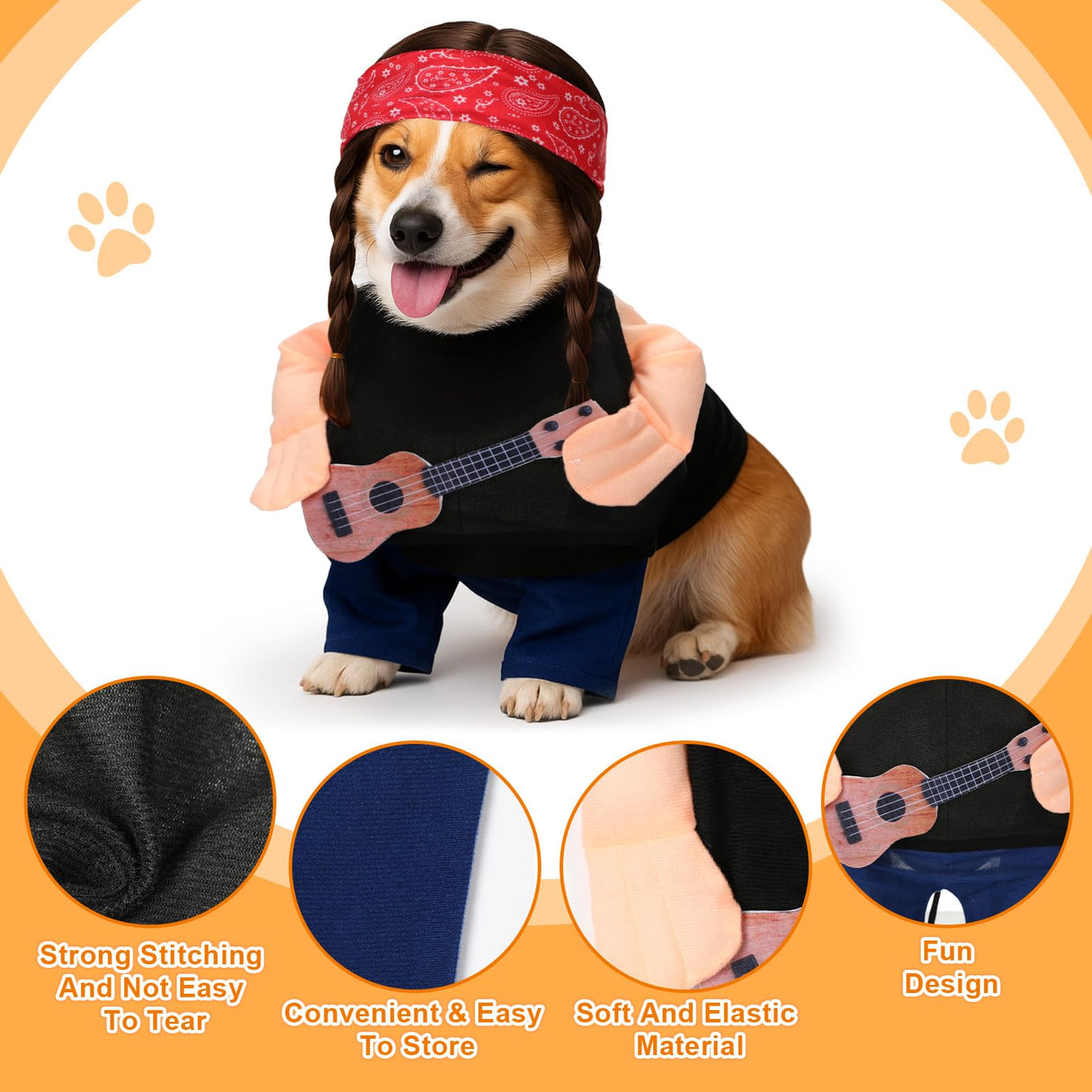 Huhumy Halloween Country Singer Dog Costume Pet Guitar Costume with Felt Funny Guitar Plush Arm Ponytail Wig for Small Medium Dogs Chihuahua Pug Christmas Party Halloween Cosplay Outfit(XL)
