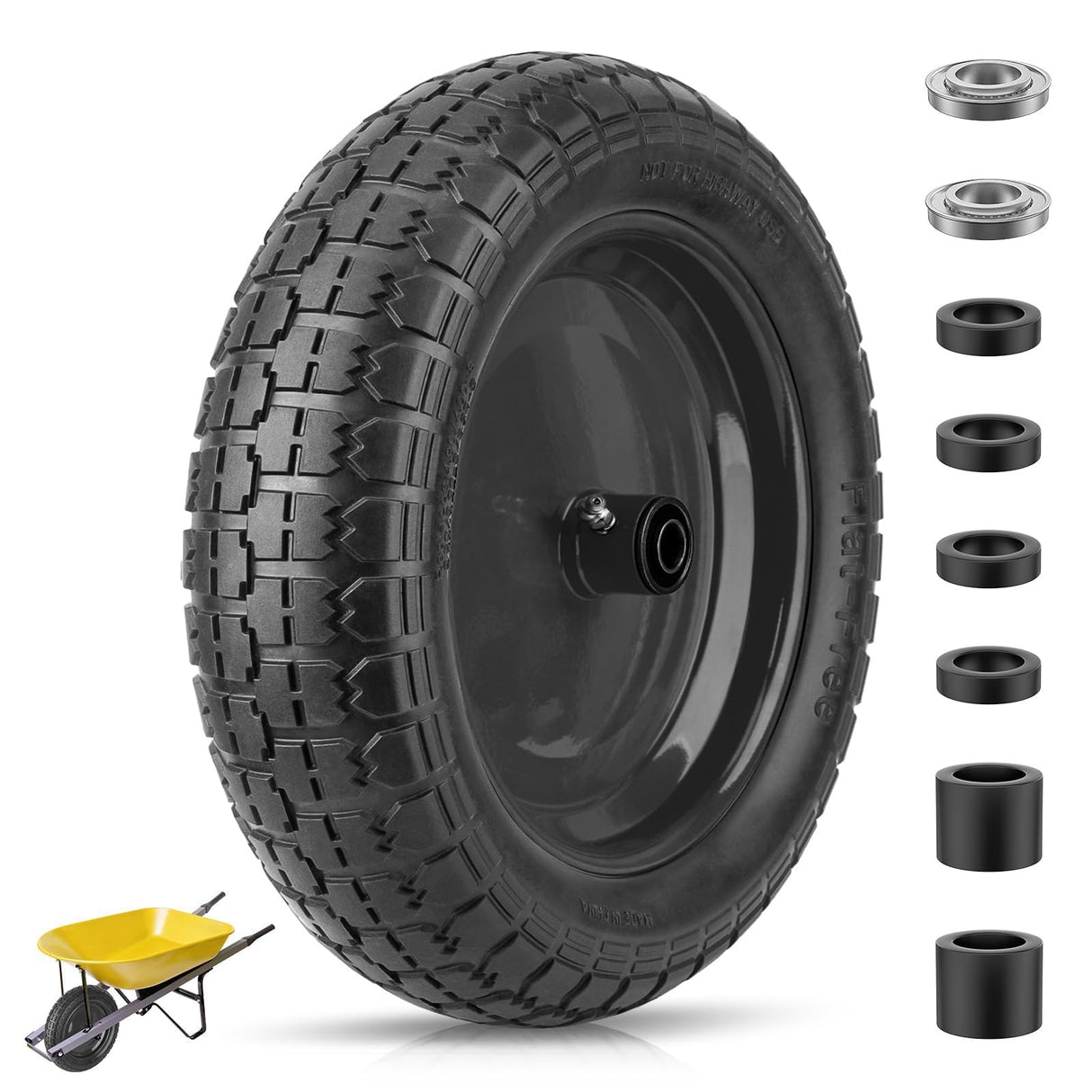 TICONN 4.80/4.00-8 Tire, 14.5" Flat Free Wheelbarrow Tire and Wheel, Solid Replacement Tires with 3" Centered Hub, 5/8" 3/4" Bearings, Universal Fit 4.80/4.00-8, 3.50/3.00-8, 4.00-6 (Black)