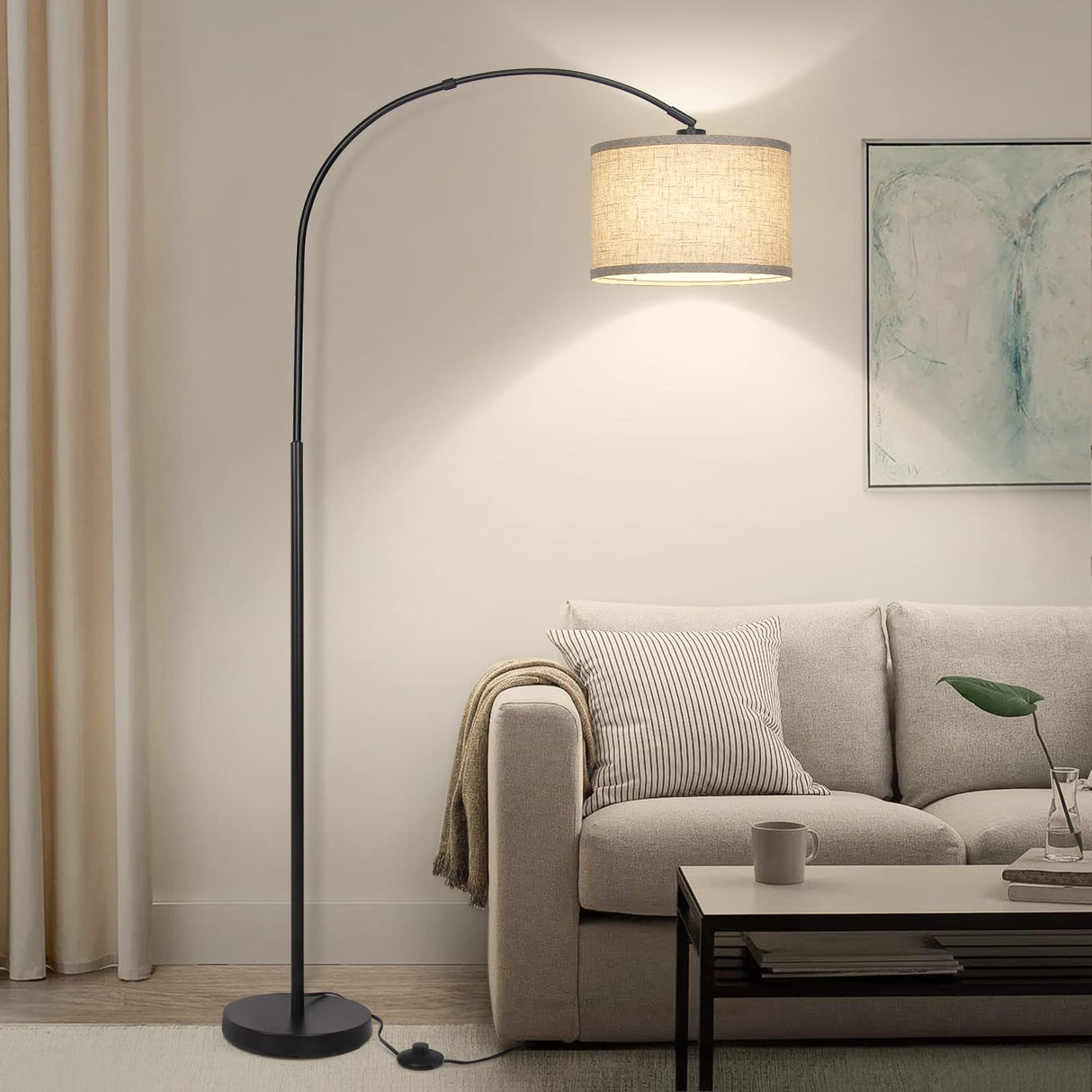 Seaside village Arc Floor Lamps for Living Room, Modern Standing Lamp with Adjustable Hanging Drum Shade, Tall Pole Lamp with Foot Switch, Over Couch Arched Reading Light for Bedroom, Office (Black)
