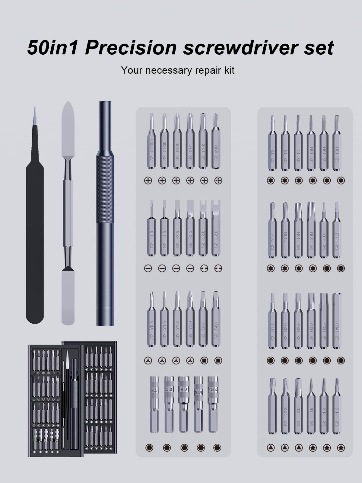 AXTH 50-in-1 Precision Screwdriver Set, Professional Magnetic Small Repair Tool Kit for Electronic Devices, Mini Screw Driver with Flat, Philips, Torx, Hex, Pentalobe, Triwing, Triangle and More