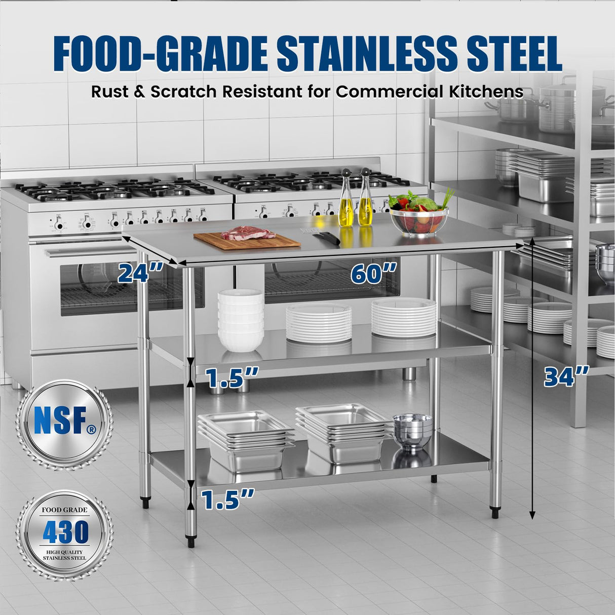 Chingoo Stainless Steel Work Table 24x60 Inch with 2 Adjustable Undershelves & Backsplash, Heavy-Duty Prep Table for Commercial Kitchen, Restaurant, Garage, Outdoor