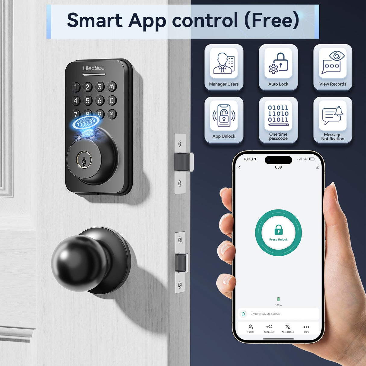 Ulecoce Fingerprint Keypad Deadbolt with Knob Set, Keyless Entry Door Lock with App Control, Door Locks for Front Door, Auto Lock&One-Touch Lock, 100+ User Codes&5 Keys, Easy Installation, Matte Black