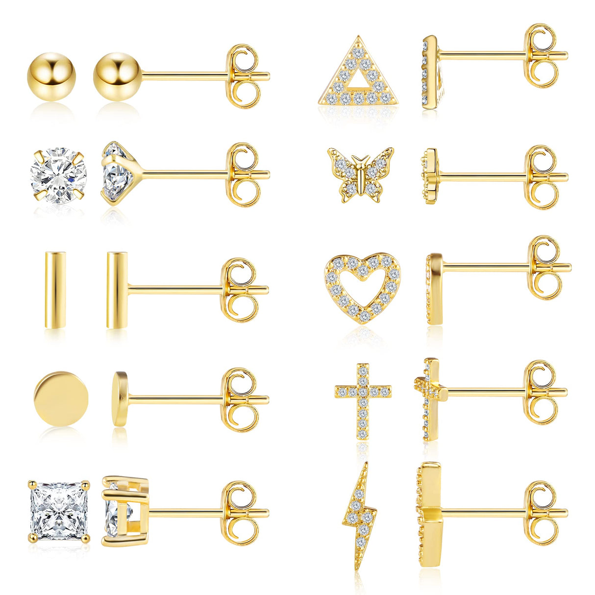 14K Gold Small Stud Earrings Set for Women Flat Back Earrings, 10 Pairs