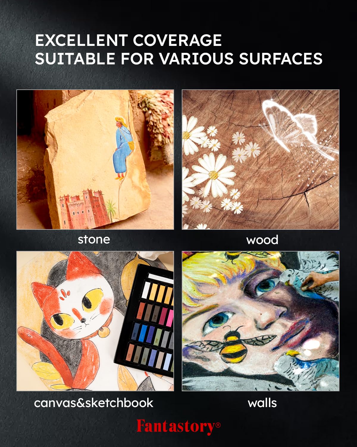 Fantastory Long Soft Chalk Pastels Set, 72 Sticks,Includes 5 Fluorescent Colors; Non Toxic Soft Pastels for Artists,Beginners;Classroom; Drawing,Blending,Layering;Christmas Art Supplies