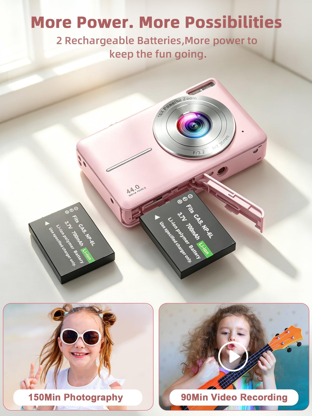 Camkory Digital Camera FHD 1080P with 32G Card 16X Zoom Easy for Kids Pink
