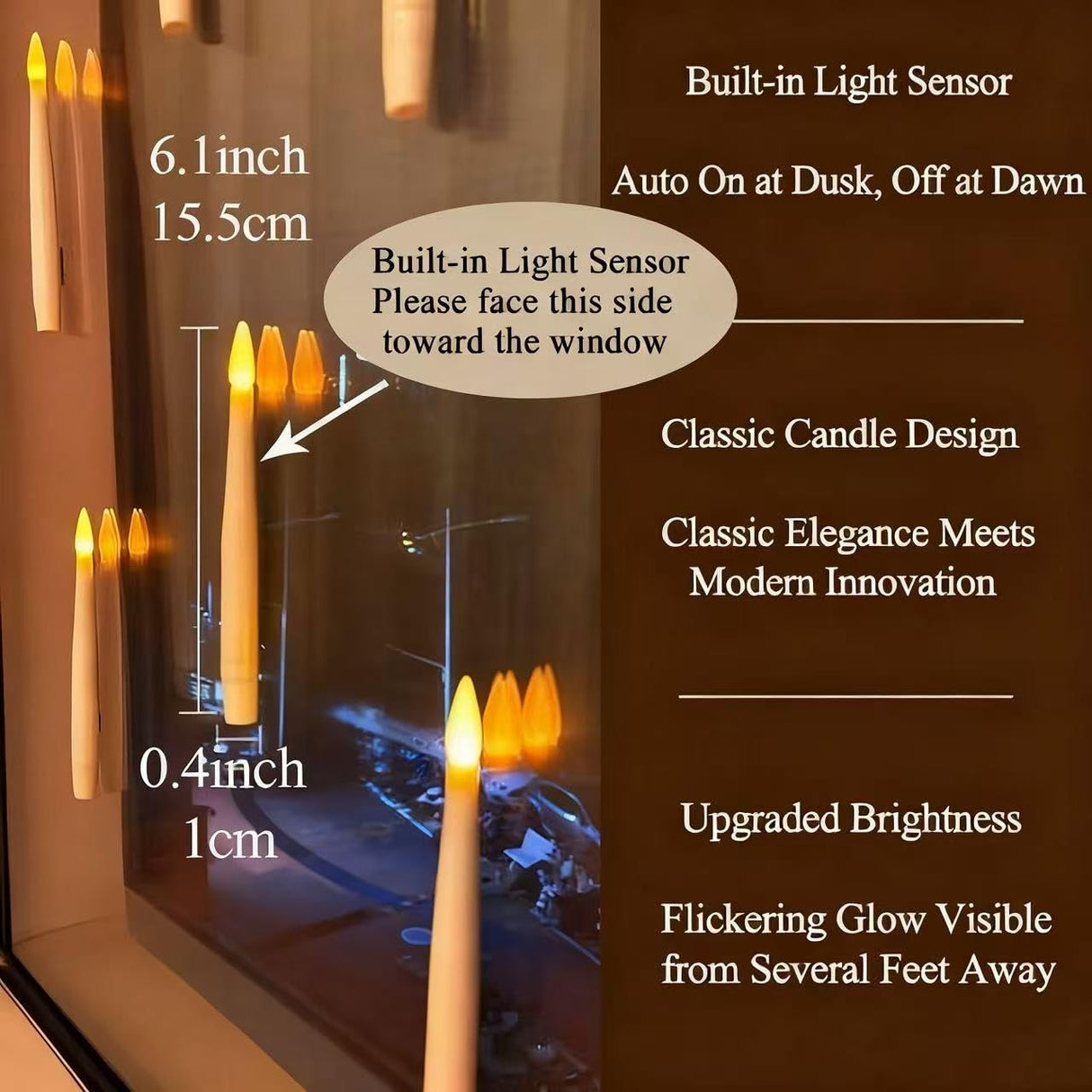 JMTONE Window Candles with Light Sensor Dusk to Dawn, 14PCs Window Candles Battery Operated with Nano Adhesive Strip, 6.1" Flameless Taper Candle for Halloween, Christmas, Xmas Holiday Home Decor
