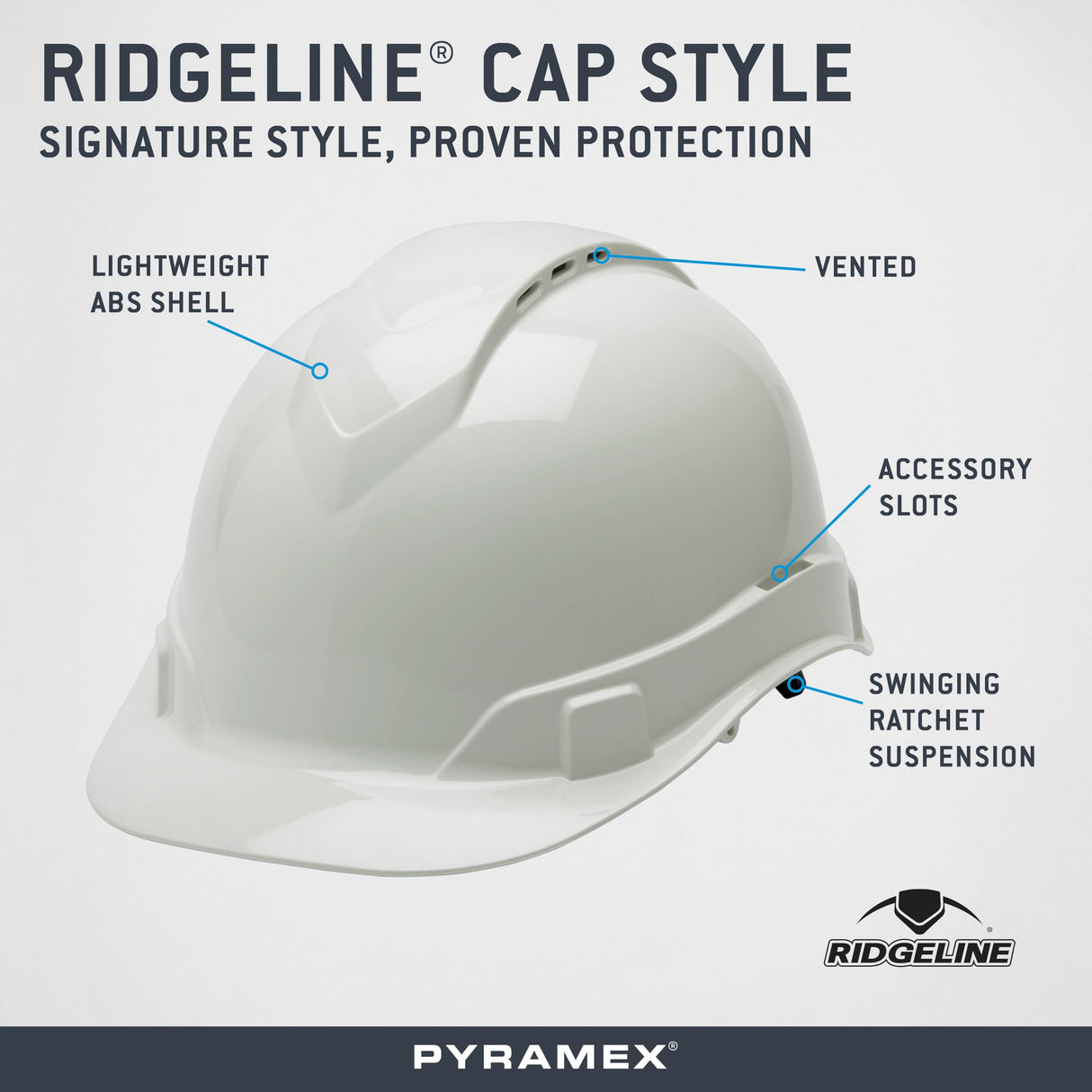 Pyramex Ridgeline Cap Style Hard Hat, Vented, 4-Point Ratchet Suspension, White