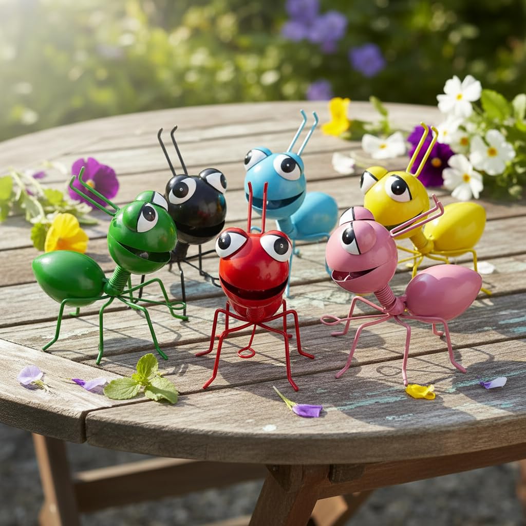Cruis Cuka Metal Ants Wall Decor, Set of 6 Cute Garden Hand Painted Decorations for Outdoor Fence Patio Yard, Rustic Farmhouse Hanging Sculptures