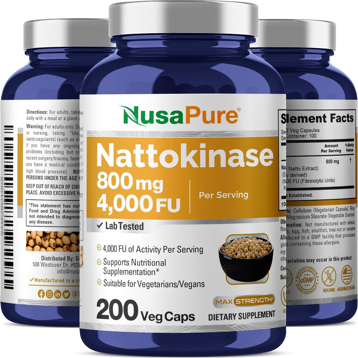 NusaPure Nattokinase 4000 FU 800mg, 200 Veggie Capsules (Vegan, Non-GMO)