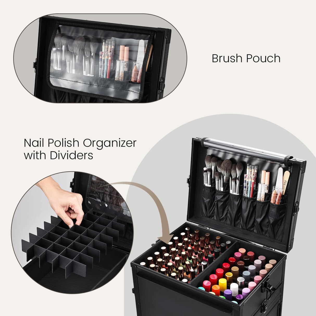 Joligrace Rolling Manicure Table 5 Drawers Makeup Case Foldable Nail Desk Cosmetology Case on Wheels Nail Tech Table with Brush Pouch for Technician Workstation Mobile Makeup Artist Trolley Black