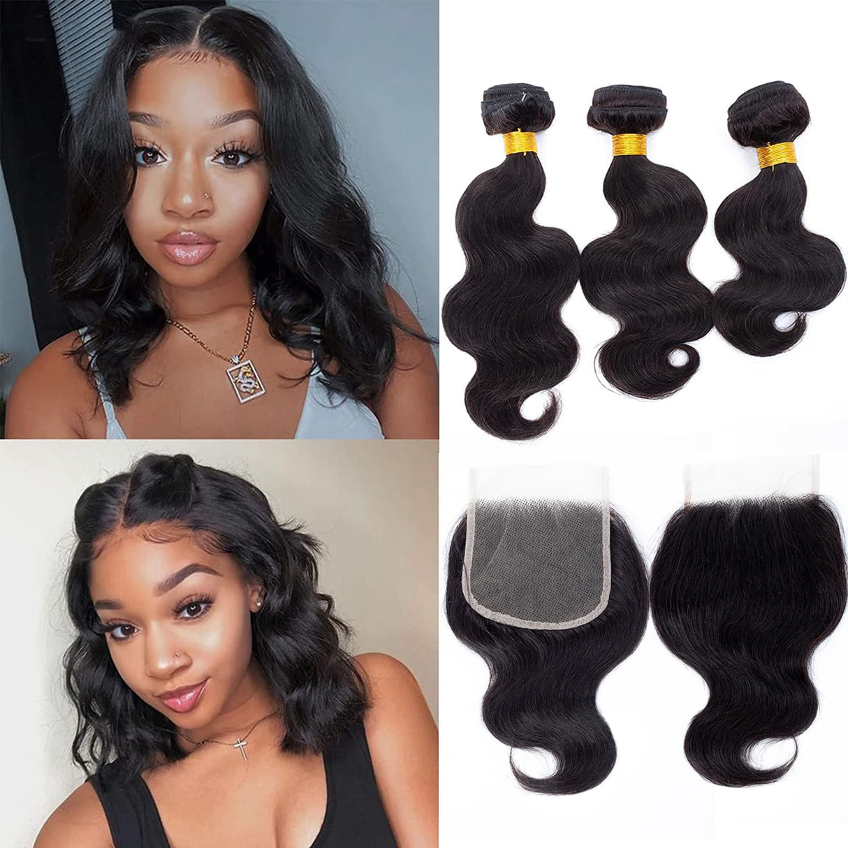 Brazilian Virgin Hair Body Wave 3 Bundles with Closure (12 14 16+10"Closure) 10A Virgin Brazilian Remy Human Hair Bundles with Transparent Closure Remy Hair Bundles with Closure Natural Black