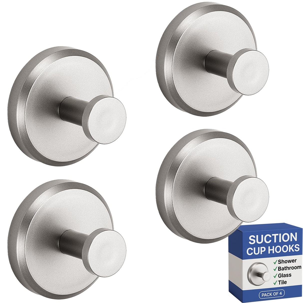 HOME SO Suction Cup Hooks for Shower & Bathroom Towel Holder 4-Pack – Suction Cups Hooks for Hanging Towels, Robes, & Coats - Tiles, Glass Door or Mirror – Shower Hooks & Towel Hooks Organizer -Nickel