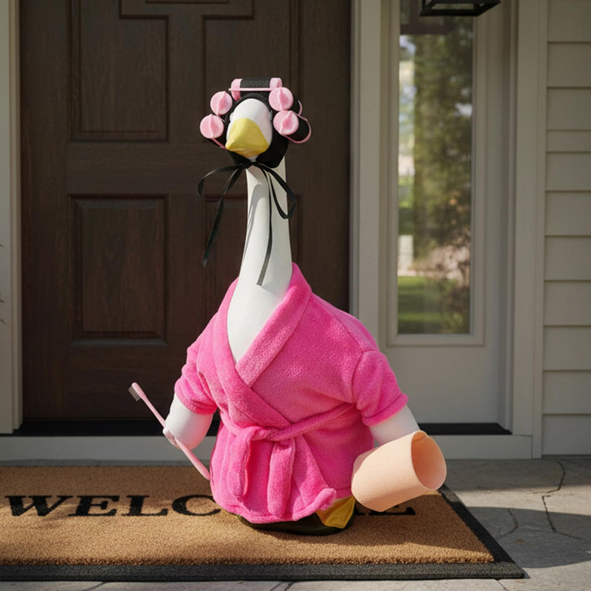 POZMTIORE Lady Porch Goose Outfit Set for 23'' Cement Plastic Lawn Goose Statue Bathrobe, Hair Rollers, Toothbrush & Cup for Garden Yard Decor (Rose Red)