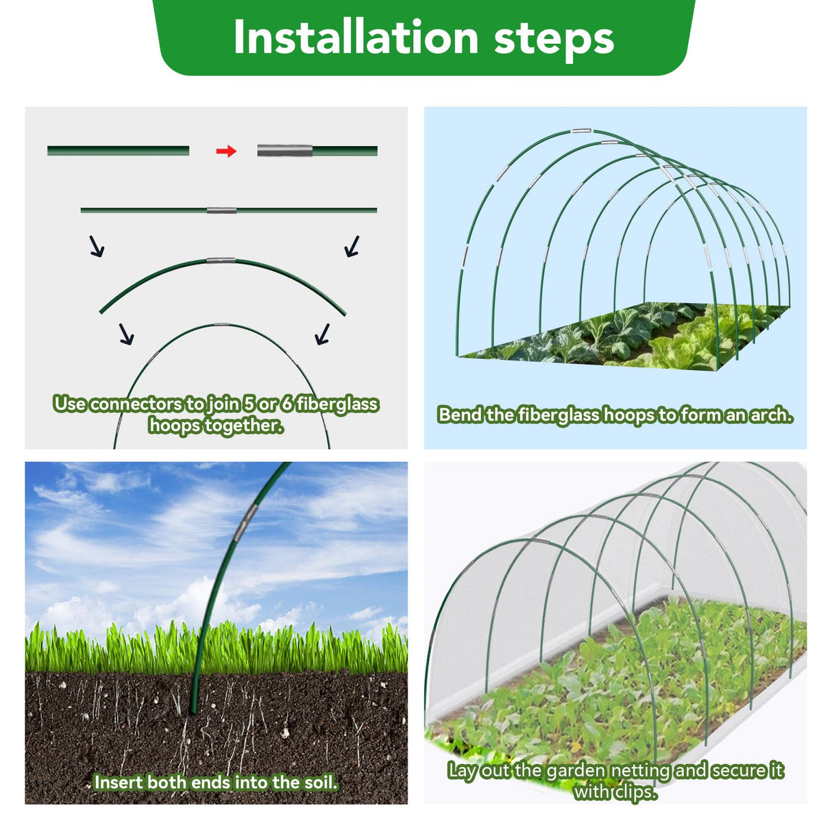Garden Netting Kit for Raised Beds, 10x30FT Ultra Fine Mesh Netting &6 Sets Fiberglass Garden Hoops, Insect Netting for Garden Plant Row Cover Vegetable Flowers Protection Barrier