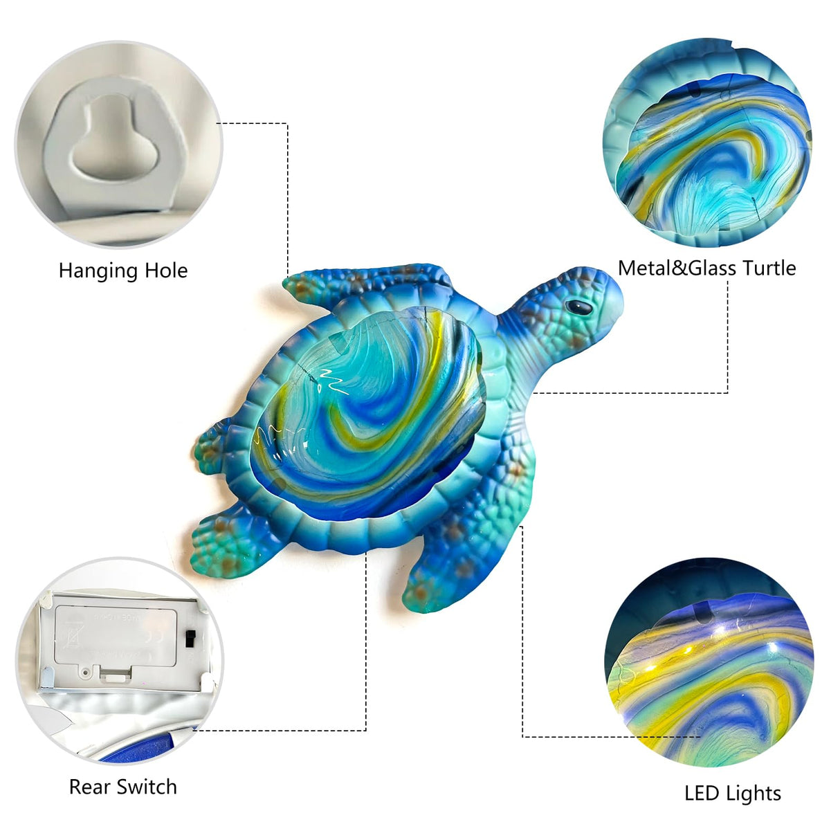 LIFFY Sea Turtle Decor Ocean Nautical Beach Wall Art Metal Glass Sea Turtle Bathroom Decor with LED Fairy Lights, 15" Indoor Outdoor Wall Art Sculpture for Patio,Pool,Beach,Garden,Yard,Home Gift