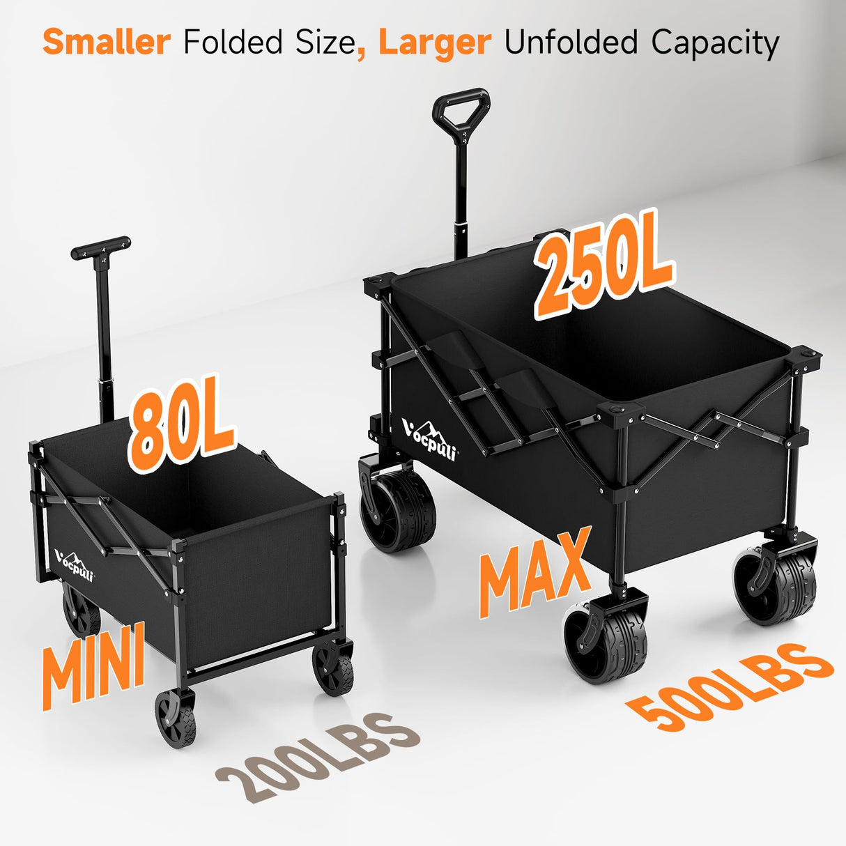 40" L Collapsible Wagon Cart Foldable, 500lbs Weight Capacity 250L Heavy Duty Folding Beach Wagons with Big All-Terrain Wheels, Utility Carts for Groceries, Shopping, Camping, Sports - Black