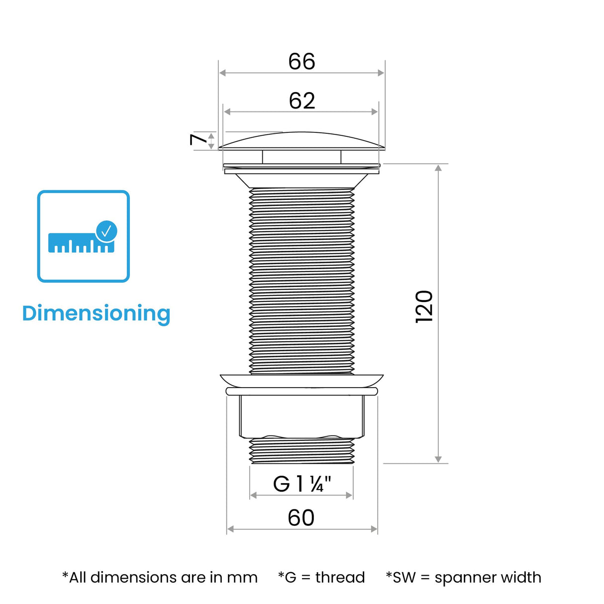 Bächlein Extra Long Universal Drain Fitting without Overflow (Matt Black) - Pop Up Valve for Countertop Washbasins
