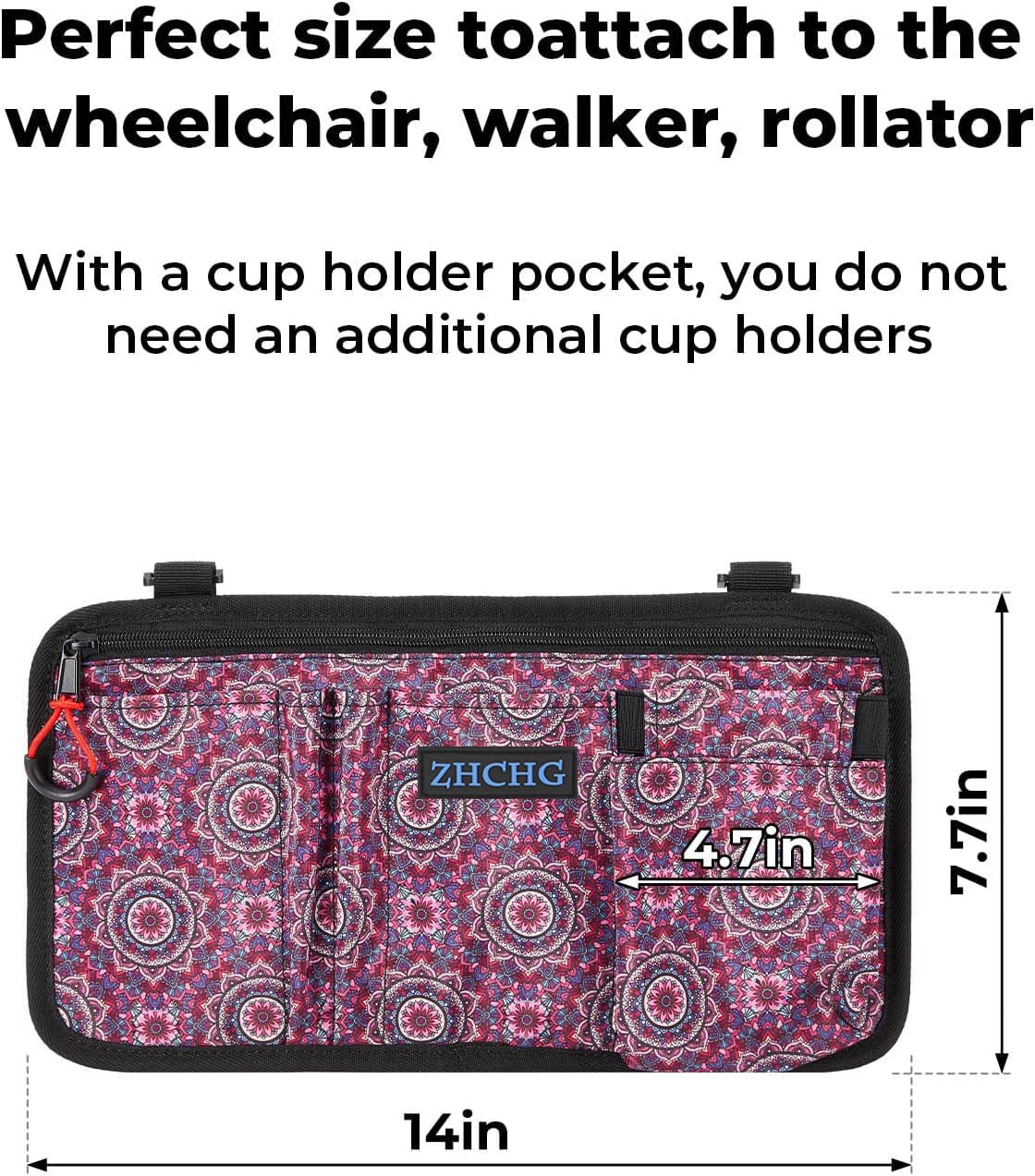 ZHCHG Wheelchair Side Bag with Cup Holder, Wheelchair Armrest Pouch Accessories for Walker, Rollator, Electric Scooter Wheelchairs, Ideal Gift for Mother's Day & Father's Day