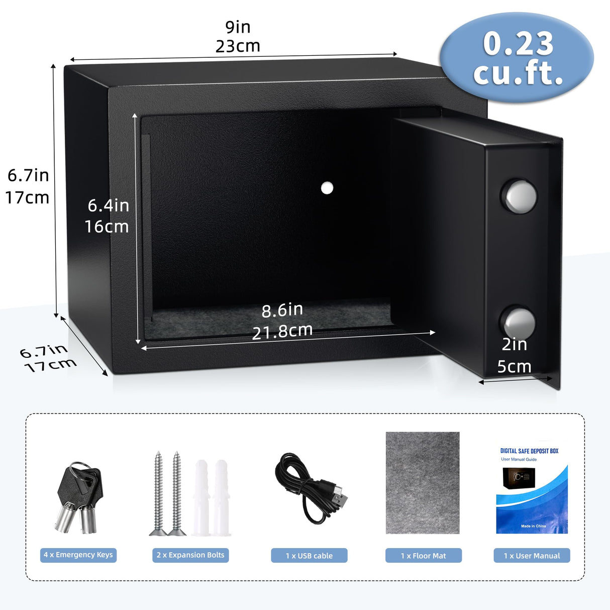 Digital Electronic Money Safe, Steel Security Lock Box with Keypad, Office Hotel Business Jewelry Gun Cash Safe, 0.23 Cubic Feet, 9.06" W x 6.69" D x 6.69" H(black)