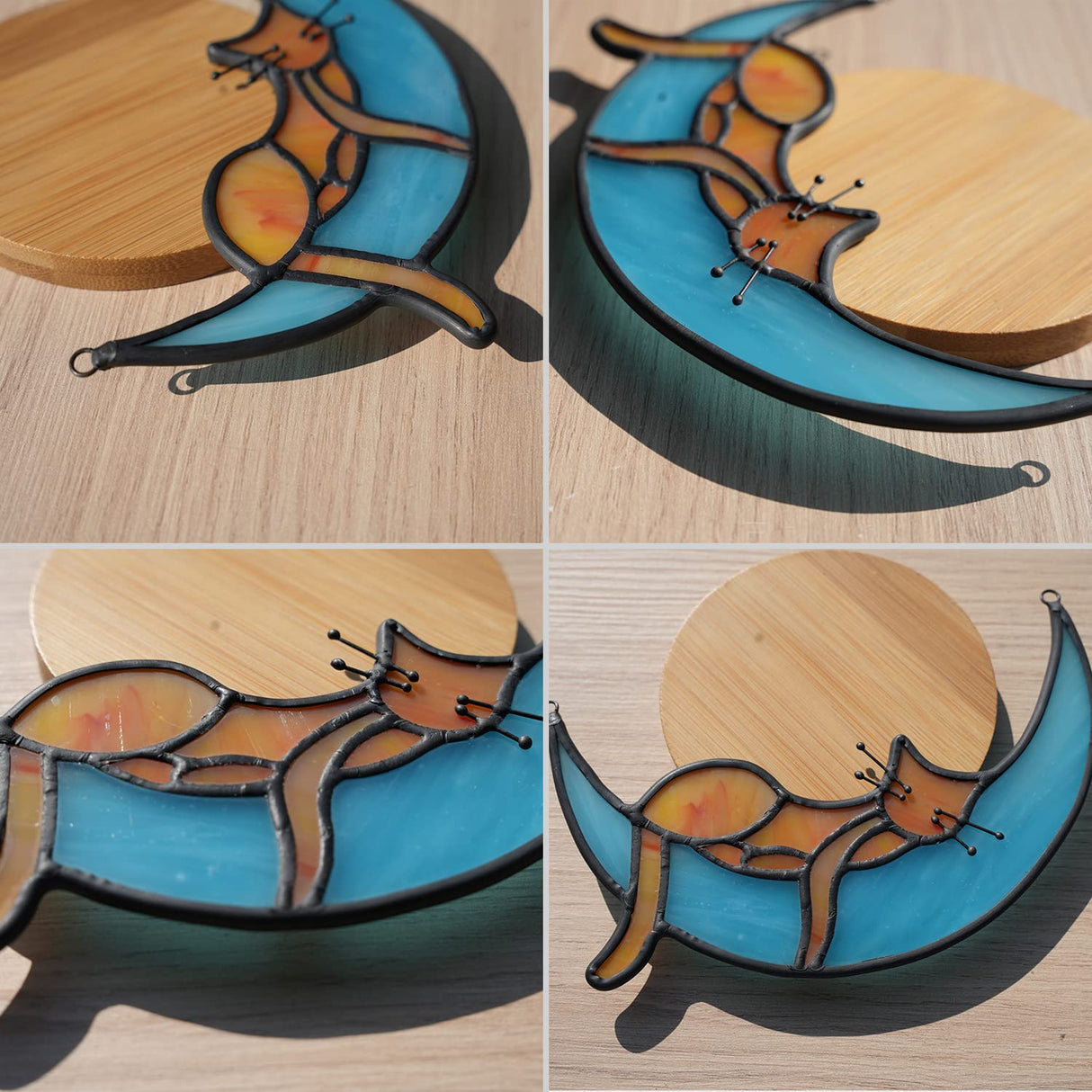 BOXCASA Orange Cat Suncatchers Handcrafted Stained Glass Window Hanging - Moon Phase Memorial Gifts for Cat Lovers,Birthday,Christmas Day, for Women,Mom