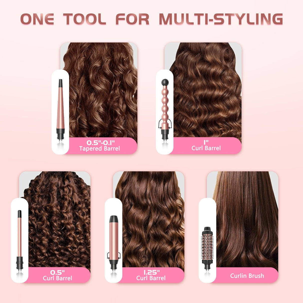 GSKY 5 in 1 Curling Iron Set, Hair Curler with Curling Brush and 4 Interchangeable Ceramic Curling Wand(0.5”-1.25”), Fast Heating, Include Suitcase & 2 Clips & Heat Protective Glove