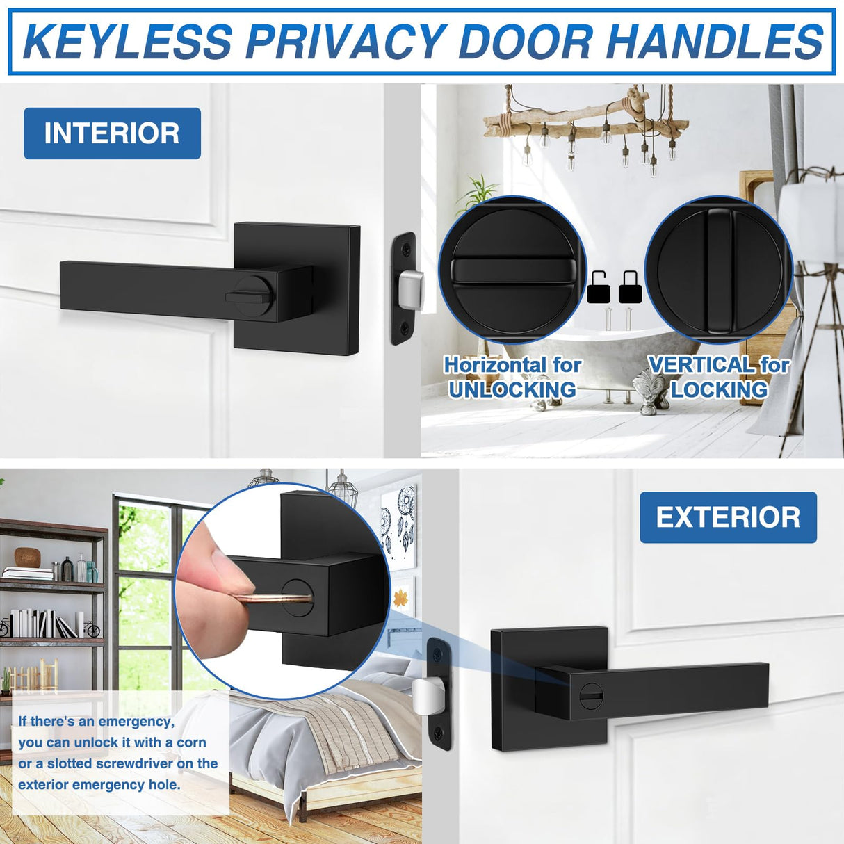 Plustool 3 Pack Matte Black Door Handles, Keyless Interior Door Knobs, Privacy Door Lever Locksets for Bedroom Bathroom, Heavy Duty Square Door Lock, Reversible for Left&Right Handled Doors