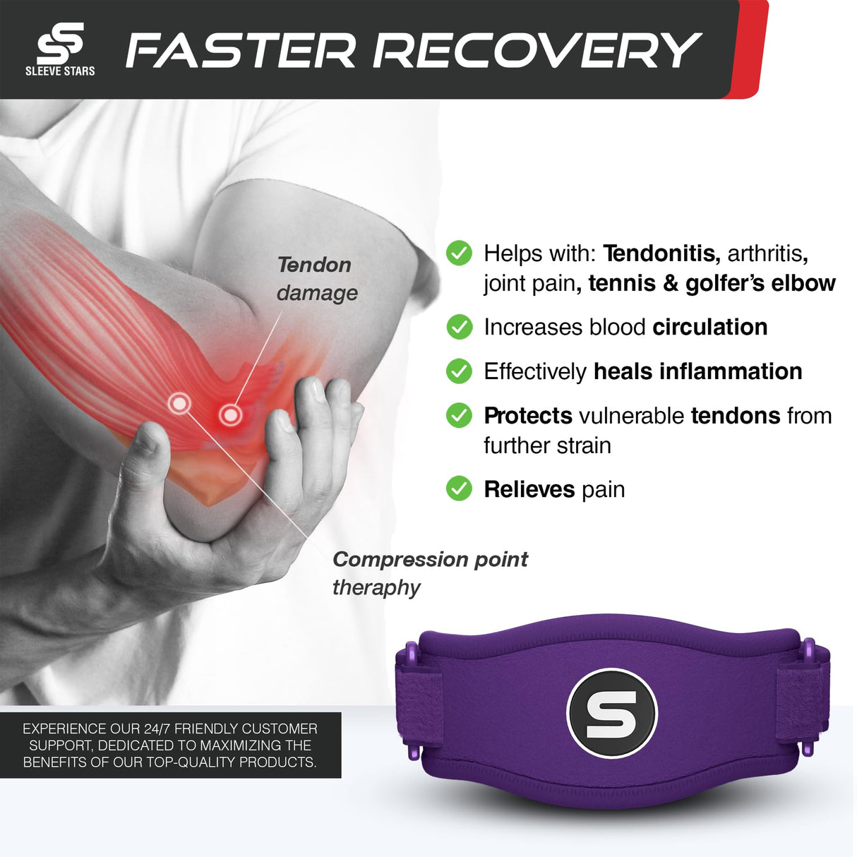 Sleeve Stars Tennis Elbow Brace for Men & Women, Tendonitis Elbow Brace & Strap Golfers Elbow Brace Counterforce Band for Tendon Pain Relief & Support for Forearm w/ 3 Straps Fits 9-23" (Single) (1, Dark Purple, One Size)