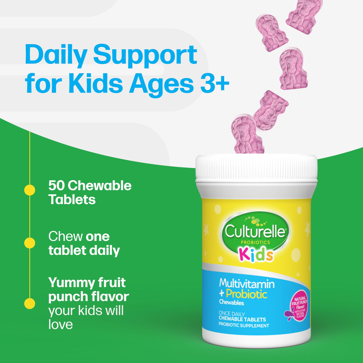Culturelle Kids Complete Chewable Multivitamin + Probiotic For Kids, Ages 3+, 50 Count, Digestive Health, Oral Health & Immune Support - With 11 Vitamins & Minerals, including Vitamin C, D3 & Zinc