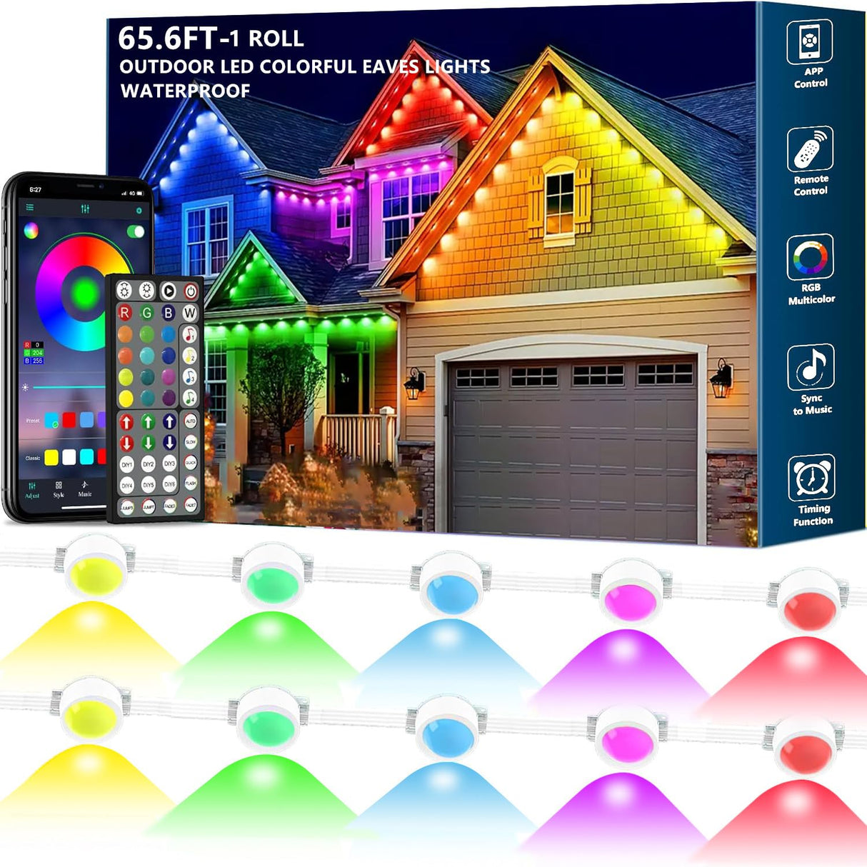 Sxlofty 65.6FT Permanent Outdoor RGB Lights,IP67 Waterproof Smart LED Eaves Lights with App/Remote Control,for Christmas and All Holiday Decor,Daily and Accent Lighting,House Roof and Garden Lighting