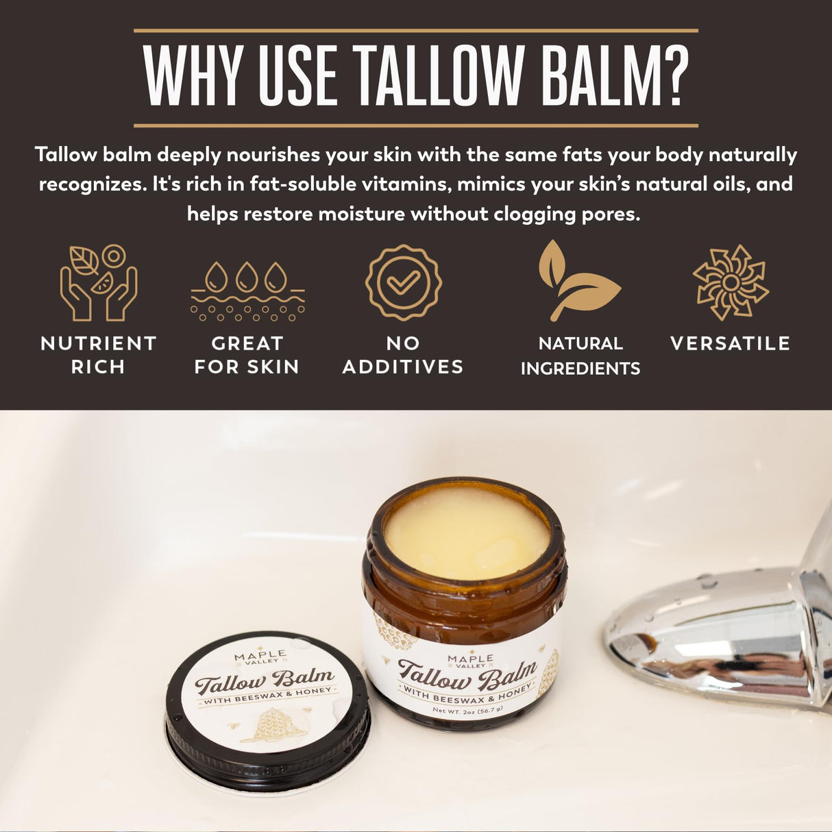 The Maple Valley Beef Tallow For Skin | Tallow and Honey Balm | Grass Fed & Finished Tallow Face Moisturizer with Beeswax and Raw Honey | Unscented, 2 oz