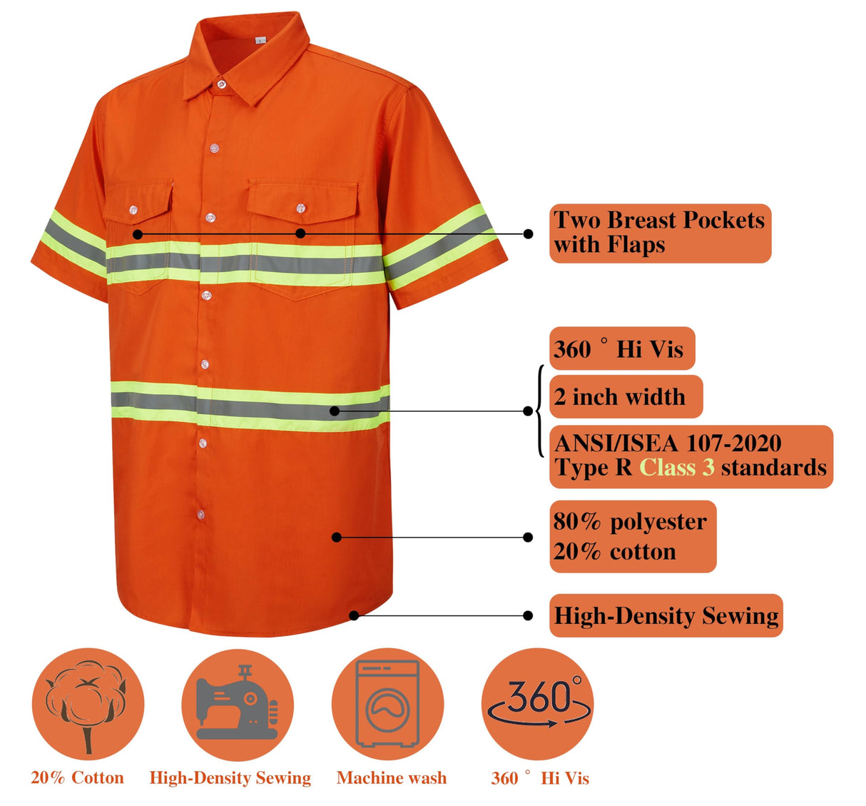 Ousafeve Class 3 Orange Hi Vis Button Up Safety Work Shirts for Men Reflective (Large, Orange_Short)