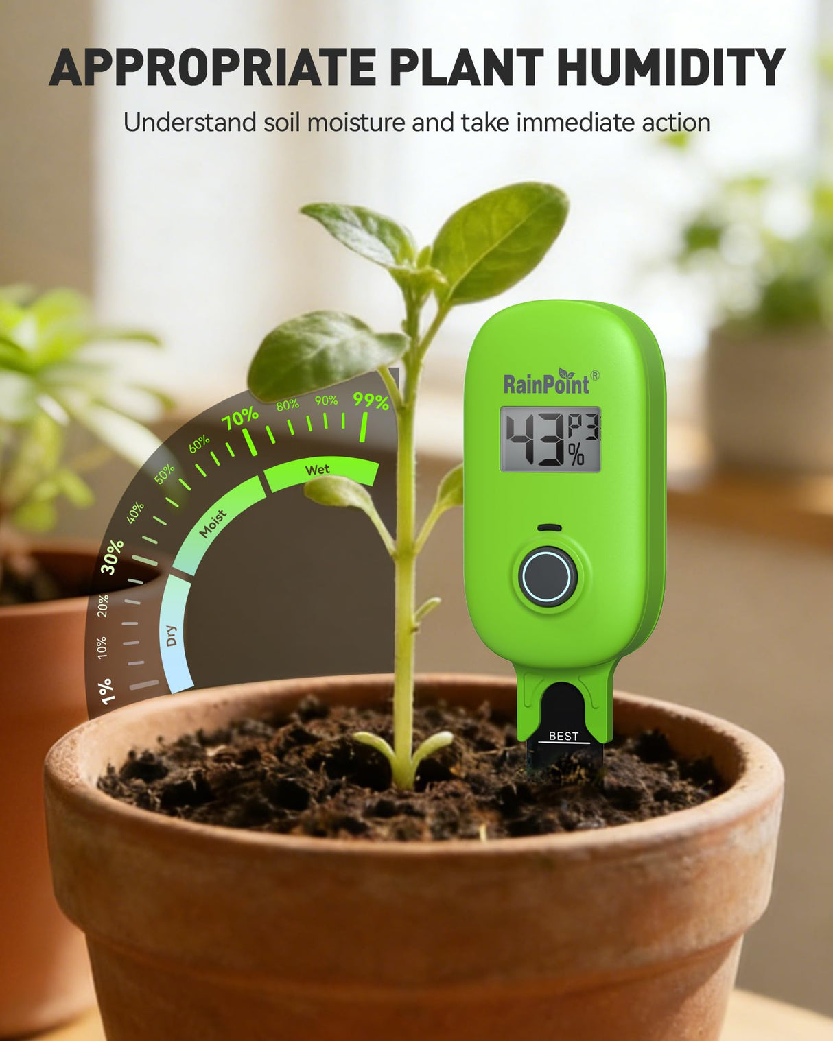 RAINPOINT Smart Soil Moisture Meter for Plants, Soil Hygrometer Sensor, Real-time Monitor Humidity Tester for Gardening, Farming, Indoor and Outdoor Plants Care, HWG023/HWG040 WiFi Hub Needed (Green)