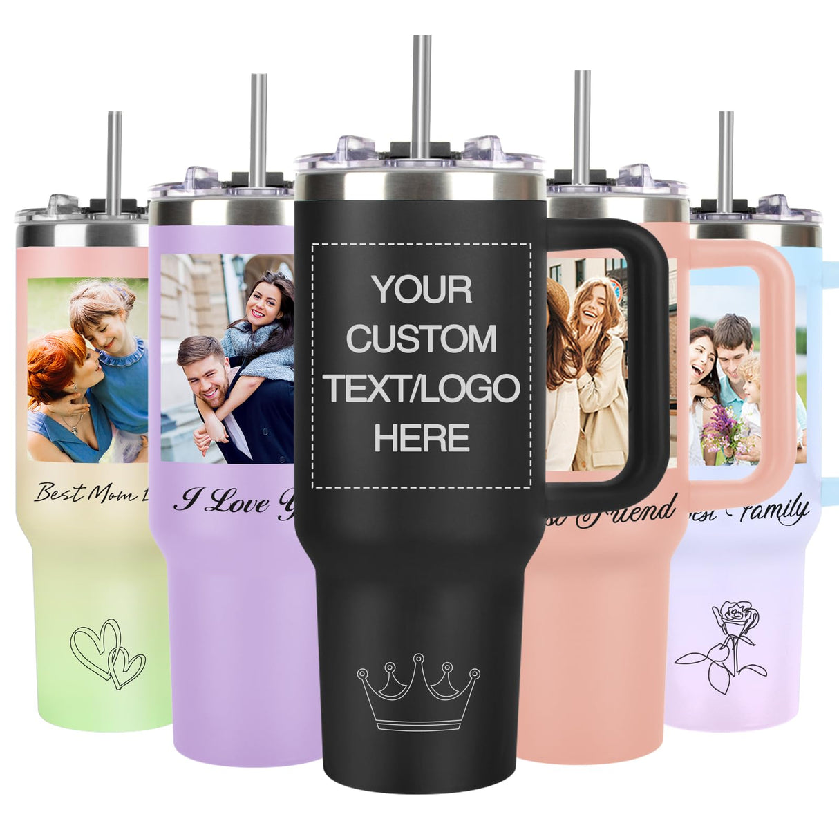 Personalized 40 oz Tumbler with Handle and Straw, Custom Tumbler with Picture, Logo, Text, Stainless Steel Travel Coffee Mug Cup, Personalized Gifts For Women Men Birthday Anniversary Christmas Gifts