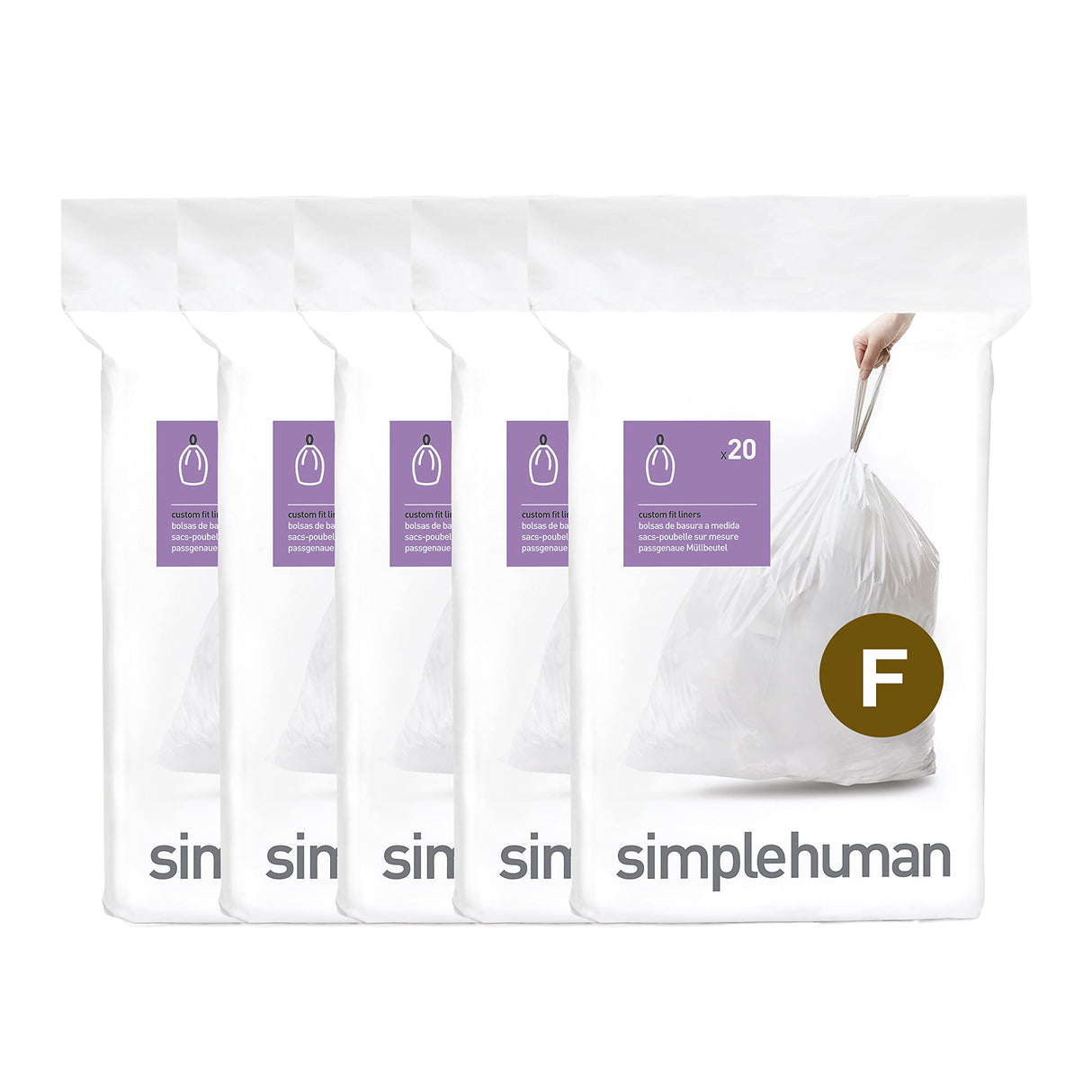 simplehuman Code F 100 Count, Dispenser Pack Custom Fit Liners, Drawstring Trash Bags, 25-30 Liter / 6.6-8 Gallon, White