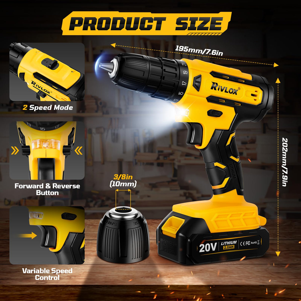 20V Cordless Drill Set,Electric Power Drill Cordless,Power Drill Drivers,Electric Screwdriver - 2.0Ah Batteries, 30Nm,21+1 Torque,2 Speed, Built-in LED,Kit for Home, Yellow