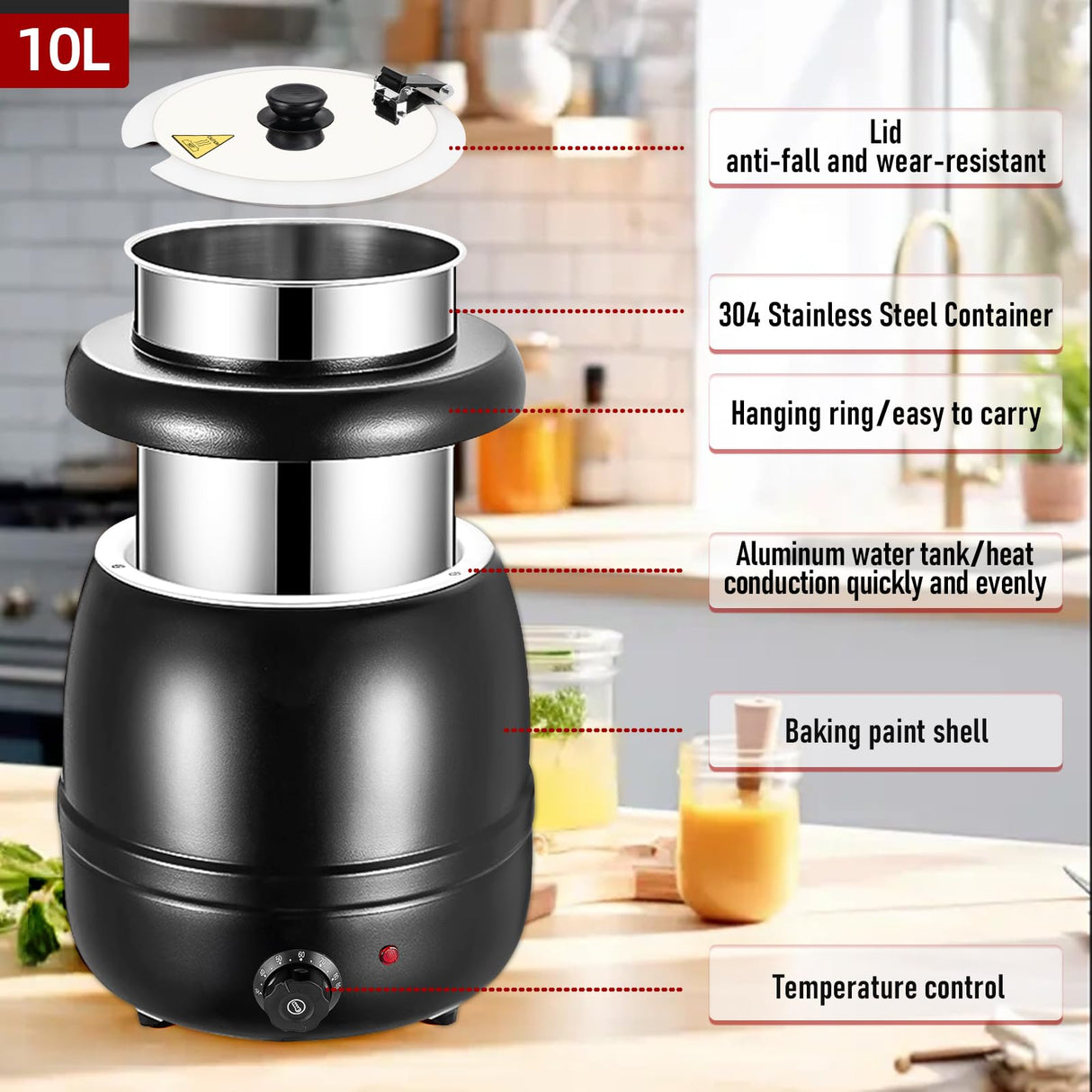 10.5QT Soup Warmers Commercial Soup Kettle with Stainless Steel Hinged Lid and Detachable Insert Pot, Electric Soup Pot for Restaurants and Party, Home, Catering (Black)