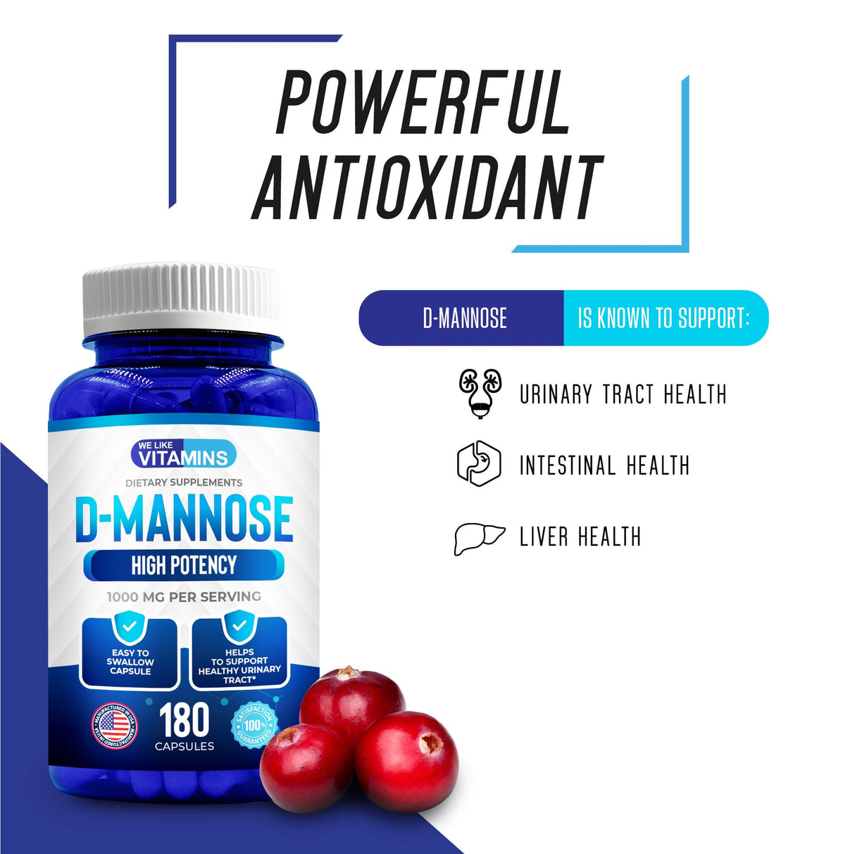 We Like Vitamins D-Mannose 1000mg Capsules - 180 Easy to Swallow Veggie Capsules - Cranberry D Mannose Supplement Helps Support Bladder and Urinary Tract Health