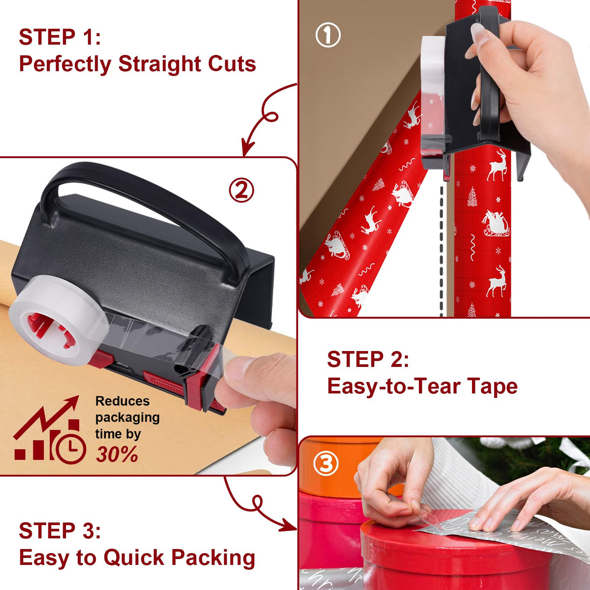 2-in-1 Wrapping Paper Cutter & Tape Dispenser, with 4 Tapes & 2 Blades 